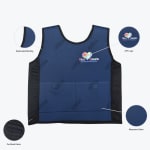 A diagram of a blue sensory vest showing its features: elasticated binding on the trim, a DTF logo for Blue Hearts Spectrum Shop Inc., black pro mesh fabric on the sides, and blue neoprene fabric for the body.