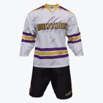 A white sports jersey with purple and gold stripes and WOLVERINES written across the chest, paired with black athletic shorts.