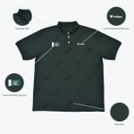 A dark green polo shirt with a repeating pattern is shown centered. Four circular callouts point to its features: Knitted Rib Collar, Custom Embroidery Flag Logo (Pakistan flag), Custom Embroidery Brand Logo (Podium), and Pique Fabric.