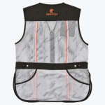 Back view of a white mesh shooting vest with black trim, orange vertical lines, and a black upper back panel featuring an orange eagle logo and the word HAWKVEST