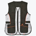 Front view of a dark green and white mesh shooting vest with orange trim and a Hawkvest logo on the pocket.