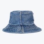 A medium-wash blue denim bucket hat with a stitched brim, isolated on a white background.