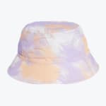 A pastel tie-dye bucket hat with purple, orange, and white patterns, shown against a plain white background.