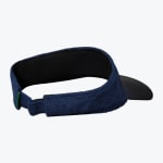 A back-angle shot of a navy blue terry cloth sun visor with a black inner lining and an adjustable strap, set against a white background.
