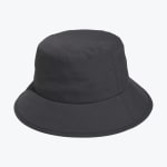 A solid black bucket hat with a wide brim, shot against a plain white background.