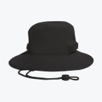 A black wide-brimmed bucket hat with an adjustable chin strap, set against a plain white background.