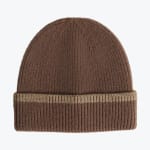 A brown ribbed knit beanie hat with a folded cuff and a thin tan stripe, isolated on a white background.