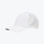A white baseball cap with a solid front and perforated side panels for ventilation, shown from a side angle against a white background.