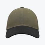 Front view of a two-tone baseball cap with an olive green crown and a black curved visor on a white background.