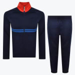 A navy blue tracksuit set consisting of a zip-up jacket with a red collar and blue chest stripes, and matching navy blue pants with a drawstring waist, displayed against a white background.
