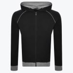 A black zip-up hoodie with grey raglan sleeve piping, a grey-lined hood, and grey cuffs and hem, isolated on a white background.