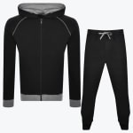 A black and grey mens tracksuit set consisting of a zip-up hoodie and matching jogger pants displayed on a white background.