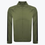 Front view of an olive green zip-up track jacket with black stripes on the sleeves against a white background.