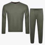 An olive green mens tracksuit set featuring a long-sleeve crewneck sweatshirt and matching jogger pants with a drawstring waist, displayed against a white background.