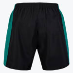 Back view of black athletic shorts with an elastic waist, a right back pocket, and teal side stripes.