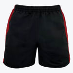 A pair of black athletic shorts with red side stripes and an elastic waistband, displayed on a plain white background.