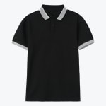 A black short-sleeved polo shirt with grey and white tipped collar and grey cuffs, displayed flat against a white background.