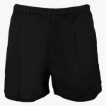A pair of solid black athletic shorts with an elastic waistband, displayed on a plain white background.