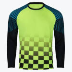 A long-sleeve sports jersey with a neon green front fading into a black checkerboard pattern, featuring blue and black striped shoulders and solid black sleeves.