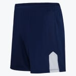 A pair of navy blue athletic shorts with an elastic waistband and a white block accent on the bottom side hem, isolated on a white background.