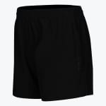 A pair of black athletic running shorts with an elastic waistband and side ventilation holes, isolated on a white background.