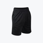 A pair of plain black athletic shorts with an elastic waistband, shown against a white background.
