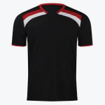 A black short-sleeved sports t-shirt with red and white diagonal stripes on the shoulders and red trim on the collar and sleeves, set against a white background.