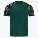 A dark green athletic t-shirt with black and green zebra-patterned raglan sleeves and white piping on a white background.