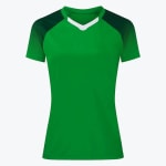A womens bright green athletic t-shirt with dark green shoulders and a white V-neck collar detail.