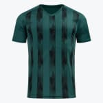 A dark green athletic V-neck t-shirt with vertical black stripes featuring a geometric chevron pattern, isolated on a white background.