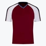 A maroon sports jersey with white raglan sleeves, a striped v-neck collar, and navy blue stripes on the shoulders.