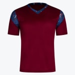 Maroon short-sleeve v-neck t-shirt with blue, white, and red patterned shoulder inserts and collar trim on a white background.