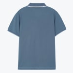 The back view of a slate blue short-sleeved polo shirt with white tipping on the collar and cuffs, displayed on a white background.