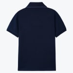 The back view of a navy blue short-sleeved polo shirt on a white background.