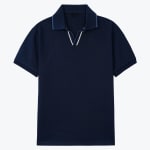 A navy blue short-sleeved polo shirt with a buttonless V-neck collar featuring white and light blue trim, displayed flat against a white background.