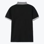 Back view of a black short-sleeved polo shirt with a grey collar and grey sleeve cuffs on a white background.