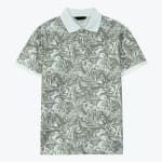 A mens short-sleeve polo shirt with a muted olive green tropical leaf pattern, featuring a solid white collar and sleeve cuffs against a plain white background.