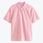 A light pink short-sleeved polo shirt with a two-button collar on a white background.