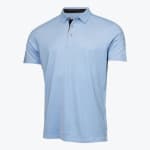 A light blue short-sleeved polo shirt with a two-button placket and dark inner collar, displayed on a white background.