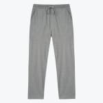 A pair of light grey heathered lounge pants with a drawstring waist and straight legs on a white background.