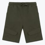 A pair of dark olive green cargo shorts with an elastic drawstring waist and flap pockets on the lower front, displayed against a white background.