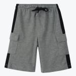 A front-facing view of grey knit cargo shorts with black side stripes and a drawstring waistband on a white background.