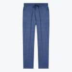 Front view of a pair of heathered blue lounge pants with a drawstring waistband and straight legs on a white background.