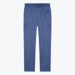 Back view of blue heathered sweatpants with an elastic waistband and a single back pocket on a plain white background.