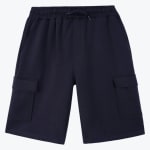 A pair of navy blue cargo sweat shorts with an elastic drawstring waist and side cargo pockets, displayed flat against a white background.