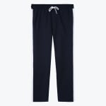 Navy blue track pants with white side stripes and a white drawstring on a white background.