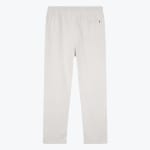 Back view of light beige straight-leg trousers with an elastic waistband and a single back pocket on a white background.