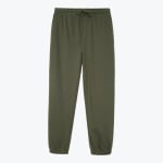 A pair of olive green joggers with an elastic drawstring waist and elastic cuffs, displayed flat against a white background.