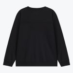 The back view of a plain black crewneck sweatshirt with a horizontal seam across the upper back, ribbed cuffs, and hem, set against a white background.