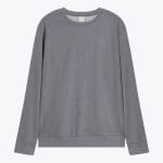 A plain heather grey crewneck sweatshirt laid flat against a solid white background.